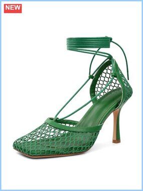 Women's Square Toe Mesh Lace Up Strappy Stiletto Heels 3.5 Inch